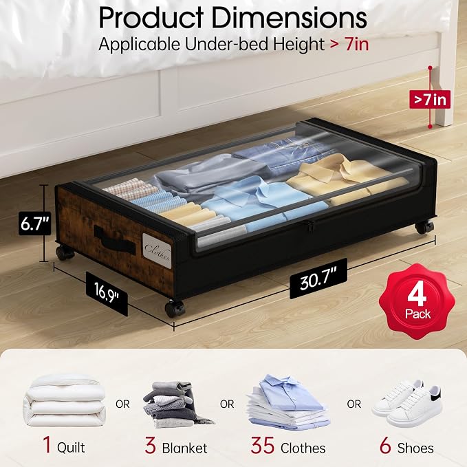 Yecaye Under Bed Storage with Wheels, 4 Pack Under Bed Storage Containers, Underbed Shoe Storage Organizer, Rolling Under Bed Metal Drawers for Clothes, Blankets, Brown