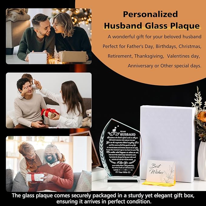 QIANWEI Fathers Day Unique Gifts for Husband from Wife Romantic Glass Plaque, Best Husband Birthday Gifts Wedding Anniversary To My Husband Present for Christmas Valentines Day