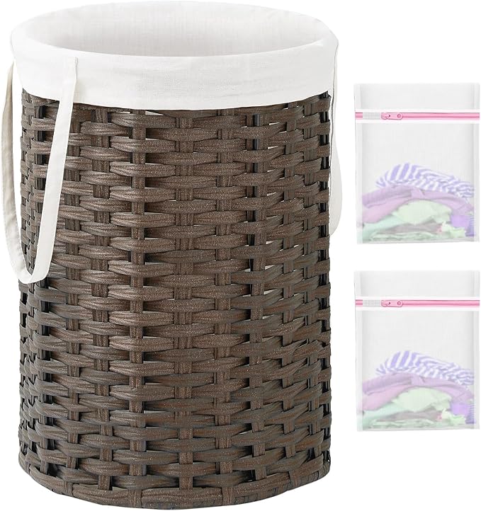 SETVSON Laundry Hamper Laundry Basket Round 19.0 Gal (72 L) Handwoven Rattan Hamper, Large Wicker Laundry Hamper with Removable Laundry Bag Handles 2 Mesh Bags for Bathroom Living Room Brown (No Lid)