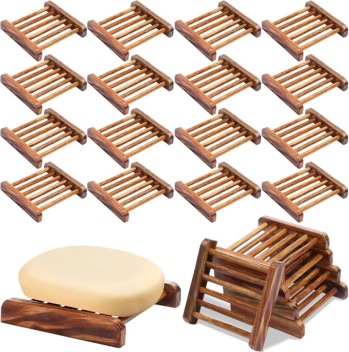 Amyhill 25 Pcs Bamboo Wood Soap Dish Bulk Bathroom Wooden Soap Holder Savers Self Draining Dishes Handcraft Tray, 3.3 x 3.3 x 0.67 Inch (Charcoal Color)