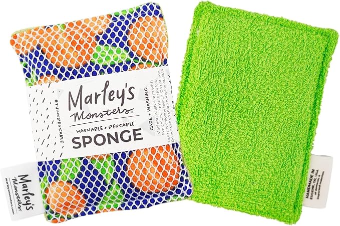 Marley's Monsters Washable Sponge – Reusable Eco-Friendly Scrubber – Dual-Sided for Gentle Cleaning or Heavy Duty Scrubbing – 4" x 5.5" Handmade in USA(Surprise Prints/Green Back)