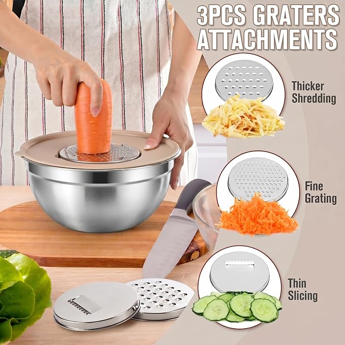31PCS Mixing Bowls with Lids Set, 5.5QT to 0.6QT Stainless Steel Nesting Bowls with Graters, Large Khaki Bowls & 21 Measuring Cups and Spoons Set Kitchen Appliances for Mixing, Baking, Food Storage