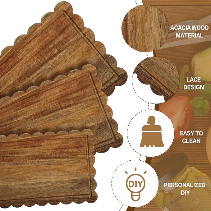 3 Pcs Acacia Wood Scalloped Cutting Boards for Kitchen with Juice Groove Blank Wood Charcuterie Tray for Snack Cheese Appetizers Grazing Platter Engraving Gift Crafts Rustic Wall