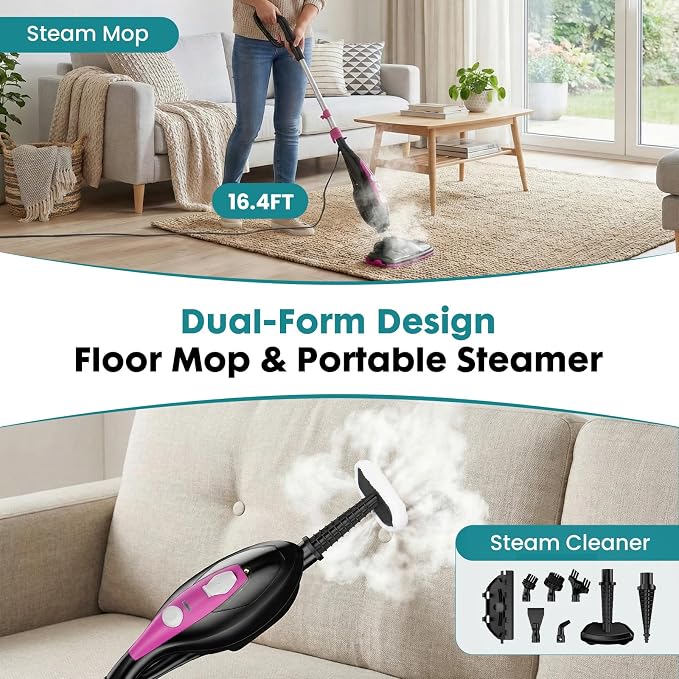 DUMOS 10-in-1 Multifunctional Steam Mop, 1550W Detachable Handheld Steam Cleaner, 16FT Power Cord with 2 Reusable Pads, Floor Steamer for Hardwood, Tile, Carpet, Grout, Windows
