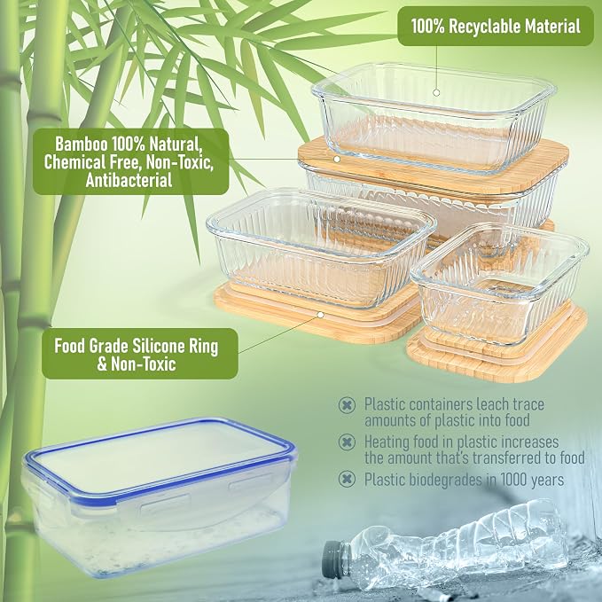 Ribbed Glass Tupperware Set with Bamboo Lids - 4 Stackable Meal Prep Containers. Durable heat resistant Inert Borosilicate Glass