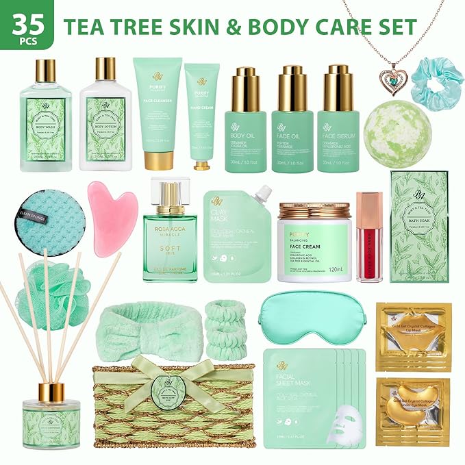 35 Pcs Mothers Day Gifts for Mom, Bath & Body Gift Basket for Women, Tea Tree Spa Gift Set, Face Skin Care Set, Self-Care Relaxation Gift, Diffuser, Birthday, Christmas, Valentines, Anniversary, Wife