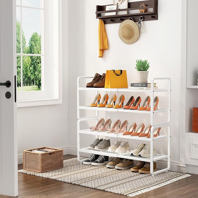 SNTD Shoe Rack - Expandable Shoe Organizer for Closet, Adjustable Metal Shoe Shelf Storage, Stackable Long Shoe Stand Holder for Garage, Entryway, Door Entrance (White, 4-Tier)