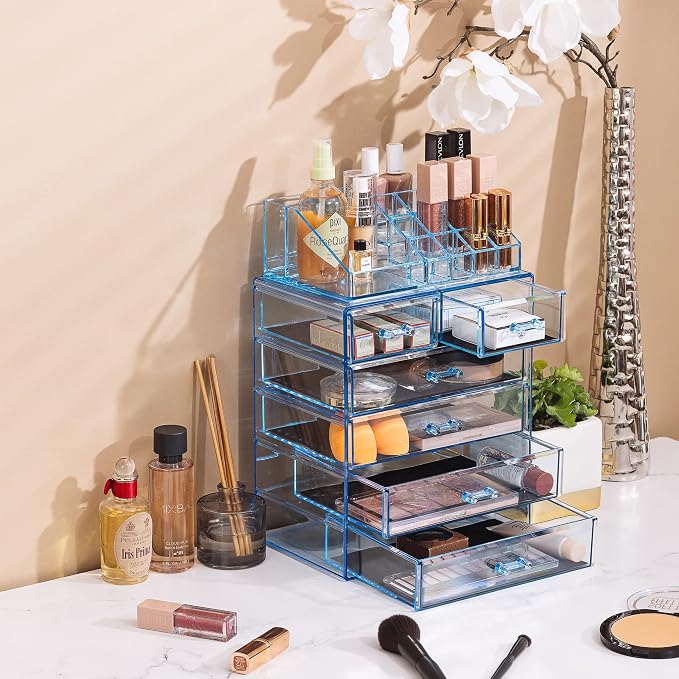 Sorbus Acrylic Makeup Organizer Set, 6-Drawer Vanity & Countertop Cosmetic Storage with Small & Wide Compartments, Blue Brilliance Makeup Storage for Brushes, Jewelry – Holiday Gift for Women & Teens