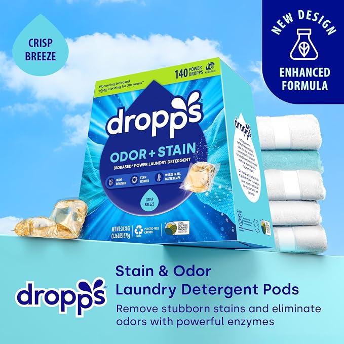 Dropps Odor & Stain Laundry Detergent Pods, Crisp Breeze (140 Count) - Powerful Laundry Pods | Complete Clean Laundry Soap | Fights Odors & Stains | Clean Ingredients | Plastic Free Packaging