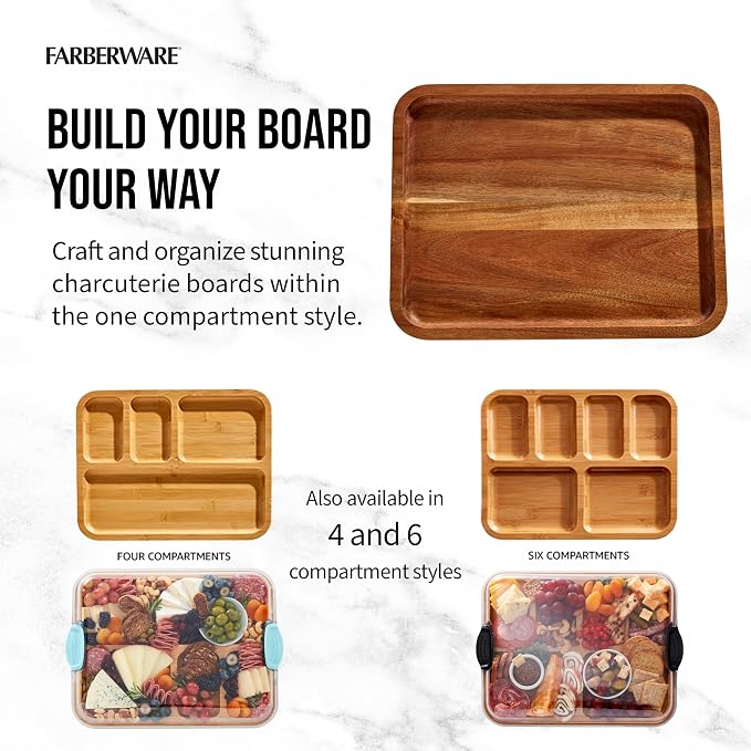Farberware Acacia Wood Cutting Board with Clear Locking Lid, 11x14 Inch Charcuterie Board with Compartments, Reversible Serving Board for Cheese, Meats, Fruits and Snacks - Make It, Take It, Enjoy It