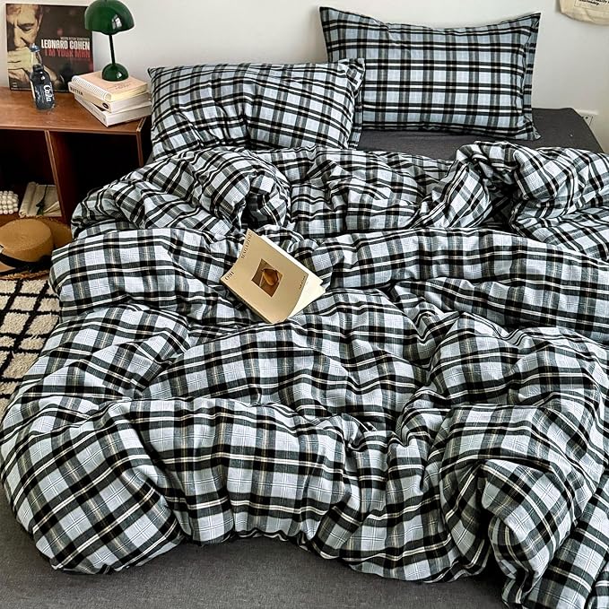 mixinni Vintage Grey & Pale Blue Buffalo Plaid Duvet Cover Set King Size - 3 Piece Washed Cotton Bedding Set with Grid Pattern, Soft & Breathable Duvet Cover with Pillowcases for Boys, Men& Women