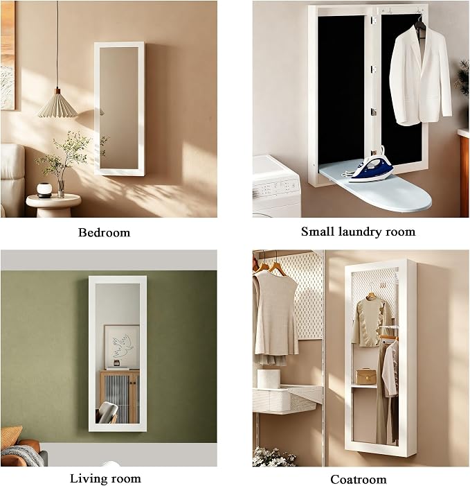 Slim Wall Mounted Ironing Board Cabinet with Mirrored Door, White | 4.3''W|Clothing Hook|Just 15 Minutes to Assemble|Foldable Ironing Board|High-Temperature Resistant Materials