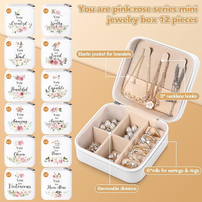 Kacctyen 24 Pcs Mini Travel Jewelry Case Bulk You Are Beautiful Loved Pink Rose Mother's Day Church Gift for Secretary Women Party Favors Girls Leather Travel Jewelry Case