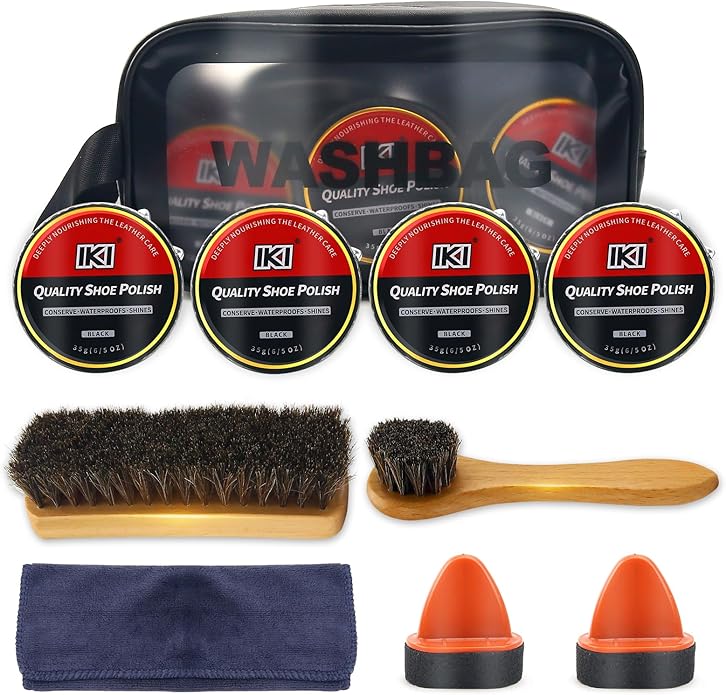 IKI Leather Boot Care Kit - Shoe Polish & Shine Kit with Black Shoe Polish, Sponge Applicators, Horsehair Brush, Microfiber Cloth and Wash Bag, Shoe Care Set for Men & Women (Black)