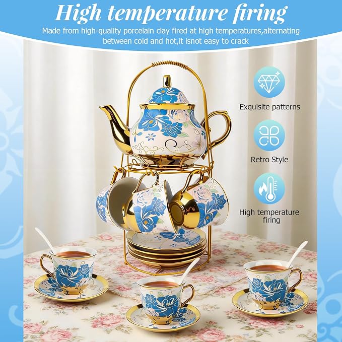 ALIMOTA 20 Pcs Porcelain Tea Set with Metal Holder and Spoon, European Ceramic Tea Set for Adults, European Flower Painting Teapot Cup Saucer Spoon Set for 6, Gift Pack (Blue and Pink)