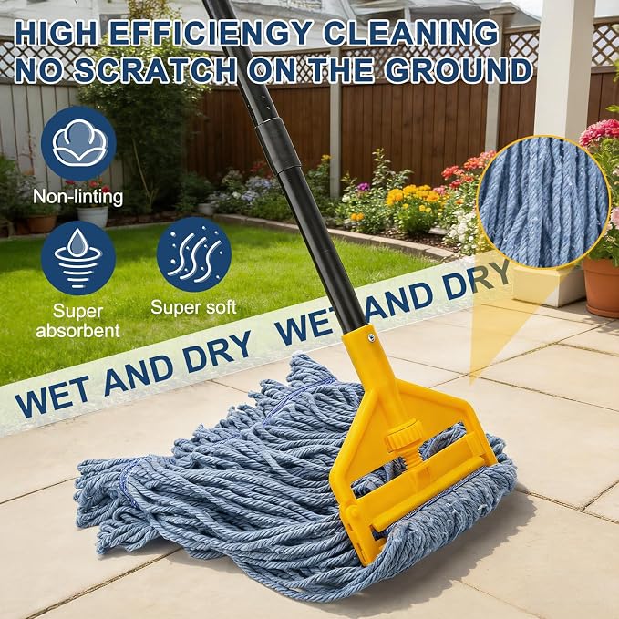KeFanta 2 Pack Commercial Mop Heavy Duty Industrial Mops,60 inch Long Handle with Looped-End String Cotton Wet mop Head Replacement for House,Kitchen,Laminate,Tile,Vinyl,Hardwood Floor Cleaning(Blue)