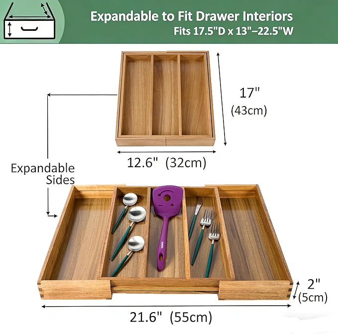 Utoplike Acacia Kitchen Drawer Organizer Expandable, Large Utensils and Cutlery Tray, Adjustable Silverware Divider for Knives Flatware