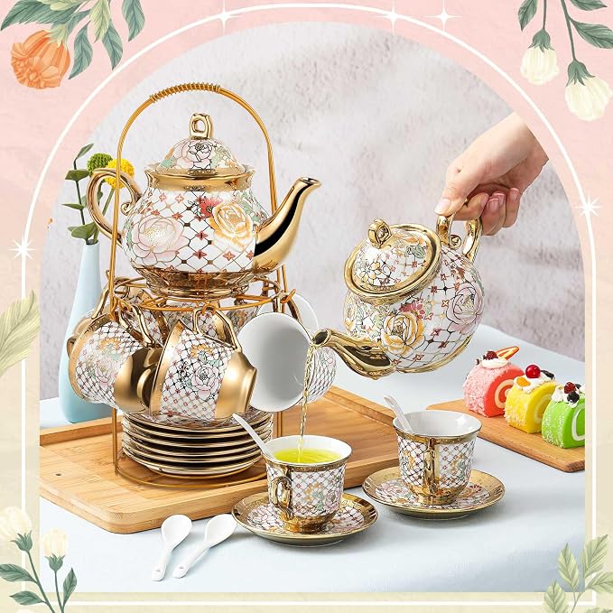 Zhehao 20 Pcs Porcelain Tea Set with Metal Holder and Spoon Adult Ceramic Tea Set European Flower Painting Teapot Cup Saucer Spoon for Women Mom Gift, Large Version (Delicate Style)