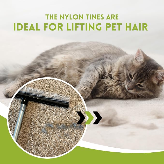 Small Room Groom Carpet Rake, 11" Handle, Portable Carpet Brush for Pet Hair, High Pile Rugs, Stairs, Furniture & Artificial Turf, Compact Groomer Tool