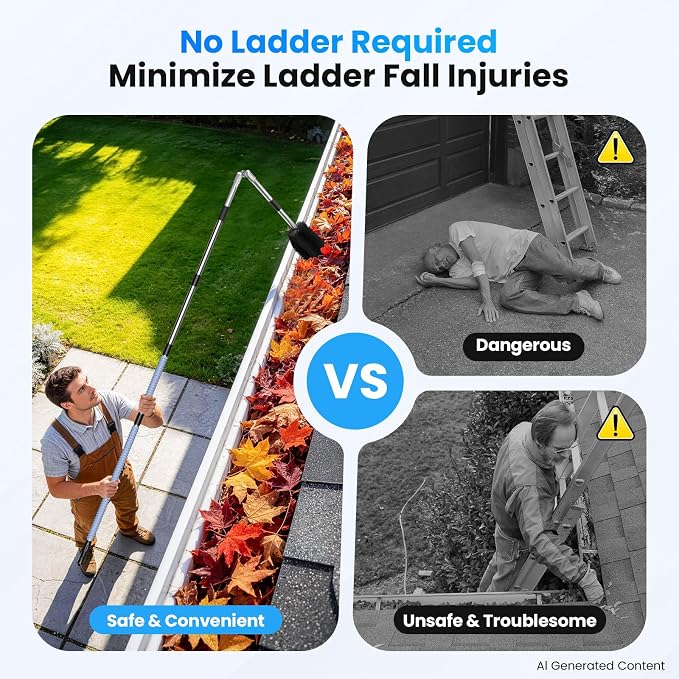 12 FT Gutter Cleaning Tools from Ground, with Shovel & Brush for Outdoor | Includes a 180° Adjustable Turning Head, Anti-slip Keel Belt, No Ladder Needed, Multi-purpose, Made of Stainless Steel.