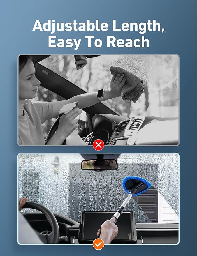 AstroAI 21" Windshield Cleaner Tool, Car Interior Detailing Cleaning Kit with Extendable Handle and 4 Upgraded High-Density Reusable Microfiber Pads, Auto Glass Wiper Brush Kit for Cars, Blue, 2 Pack
