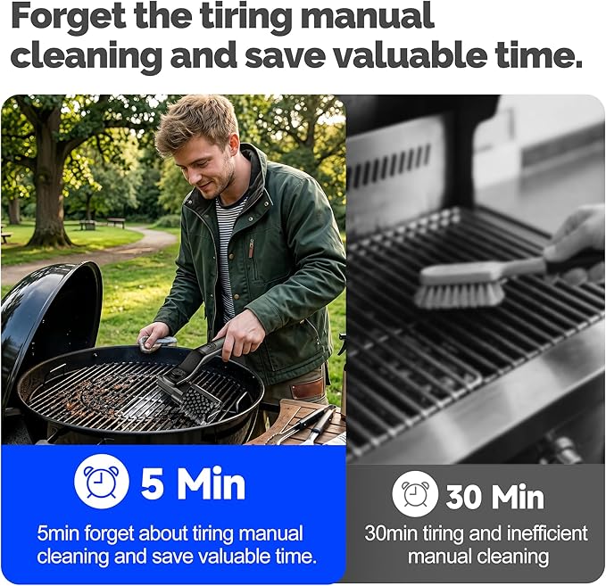 Electric Grill Brush, Cordless Rechargeable Grill Cleaner with 3-Speed Powerful Motor & 180° Adjustable 304 Stainless Steel Non-Shedding Brush Head, Automatic Cleaning for Outdoor Gas Grill & Grates