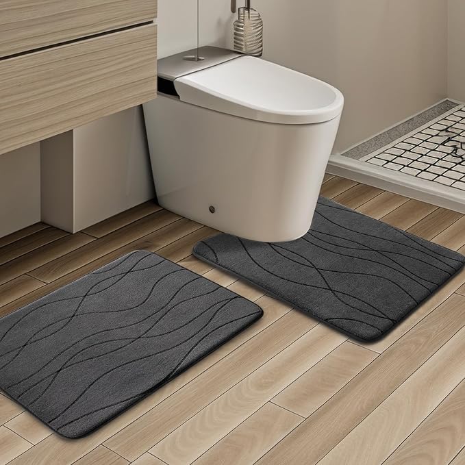YIHOUSE Bathroom Rugs Set 2 Piece, Memory Foam Bath Mat Dark Grey | U Shaped+Small Mat, Ultra Soft, Absorbent, Non-Slip, Machine Washable, for Bathroom, Sink and Toilet