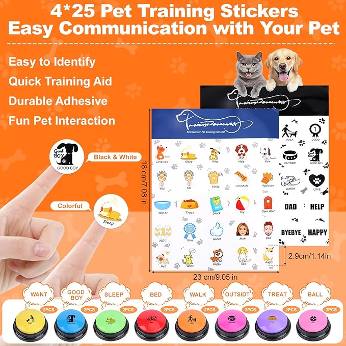 Dog Buttons for Communication, 16 Pcs Dog Talking Button Set, 30s Recordable Voice Pet Training Buzzers, Speaking Buttons for Dogs & Cats with 4 Scene Stickers (Batteries Not Included)