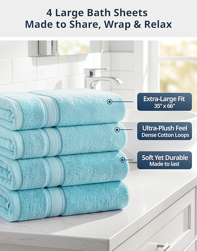 LANE LINEN Bath Sheet - Zero Twist - 4 Pack (35"x66") Towels - Ultra Soft & Super Absorbent - Hotel Collection Oversized Bath Towel Sets - Upgrade Your Daily Routine to a spa-Like Retreat - Blue