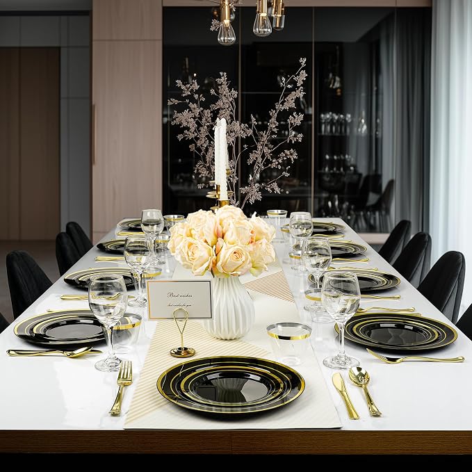 BESTVIP 300PCS Black Gold Dinnerware Set for 50 Guests, Plastic Plates for Halloween Party and Christmas, 50 Disposable Plates, 50 Dessert Plates, 50 Cups, 50 Spoons, 50 Forks and 50 Knives