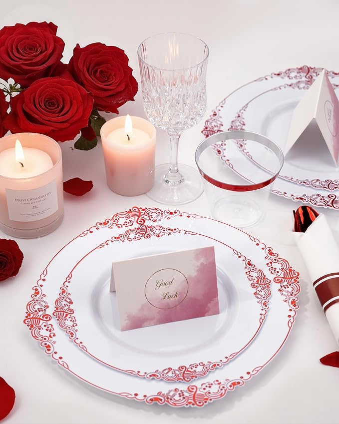 Nervure 350PCS Red Plastic Plates - White Red Plastic Dinnerware Set for 50 Guests - 100 Red Disposable Plates, 50 Pre Rolled Cutlery Set, 50 Cups Perfect for Wedding & Party