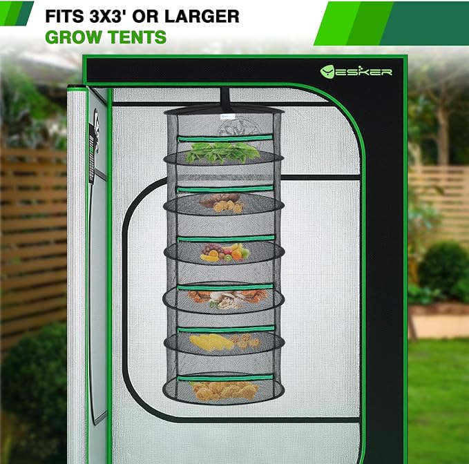 Yesker 6 Layer Herb Drying Rack Hanging Mesh Net Foldable Plant Drying Racks 24" Diameter with Green Zipper & Hook Dryer Hanging Rack for Herbs Seed Bud Fruit Clothes Grow Tent Closets Garden Outdoor | 24" Diameter with Green Zipper & Hook Dryer Hangin...