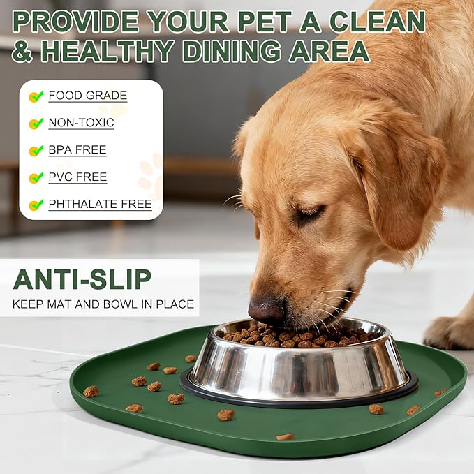 SMILOOL Waterproof Silicone Pet Food Mat with Raised Edge for Dog & Cat | 12" x 12" Non-Slip Small Pet Feeding Mats with Lip for Food & Water Bowl, Food Grade, Easy Cleaning, Dark Olive