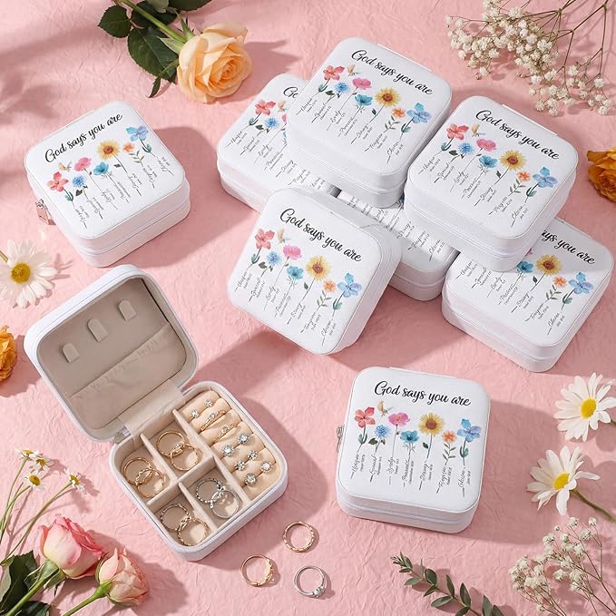 Kacctyen 12 Pieces Mini Travel Gift Jewelry Case Bulk God Says You Are Gifts for Women Christian with Flowers Mother's Day Church Gift for Secretary Day Birthday Inspirational Leather Jewelry Case