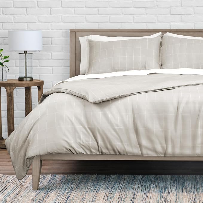 Bare Home Bedding Duvet Cover King Size - Premium 1800 Super Soft Collection - Lightweight, Cooling - Soft Breathable Bedding Duvet Cover (King, Grid - Stone/White)
