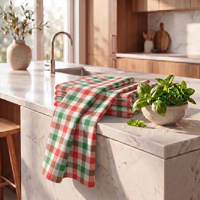 Urban Villa Christmas Kitchen Towels 100% Cotton Dish Towels for Kitchen (Set of 6) 20”x30” Dish Cloths Absorbent Kitchen Linen Set with Hanging Loop Perfect for Drying Dishes Cleaning – X MAS Checks