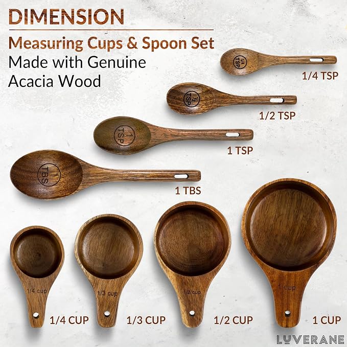 wooden measuring cups and spoons set - 8 Piece Solid Acacia Wood Stackable Kitchen Essentials for Precise Cooking, Baking & Food Prep - Engraved Measurements