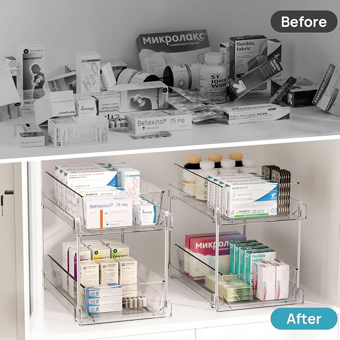 Vtopmart 8 Pack Bathroom Organizer, 2 Tier Clear Under Sink Organizers Vanity Countertop Storage Container,Cabinet Drawers Bins, Pull-Out Organization with Track for Pantry, Kitchen