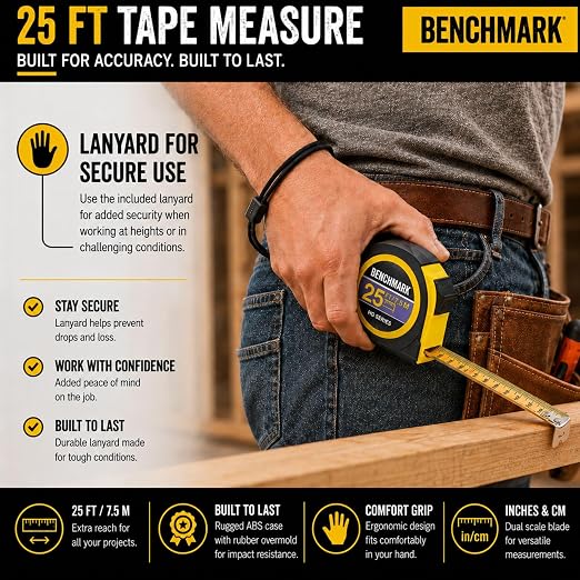 5 Pack - Tape Measures 25ft / 7.5m – Inch & Centimeter Marks. Rugged Outer Shell with Easy Grip Design - High Visibility Steel Tape - Thumb Lock - Autowind - Belt Clip – Retractable Measuring Tape