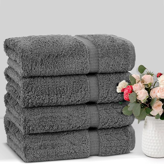 Chakir Turkish Linens 4 Piece Large Bath Towels, 100% Cotton Turkish Towels for Bathroom, Luxury Soft Absorbent Bath Towel Set, 27 x 54 Inches, Dark Gray