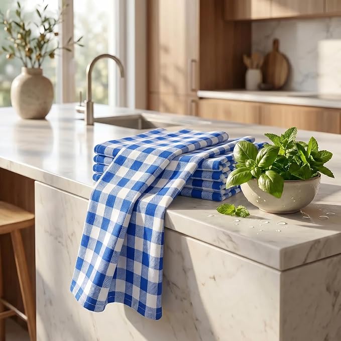 Urban Villa Kitchen Towels 100% Cotton Dish Towels for Kitchen (Set of 6) 20”x30” Dish Cloths Highly Absorbent Kitchen Linen Set with Hanging Loop Perfect for Drying Dishes Cleaning – Blue/White