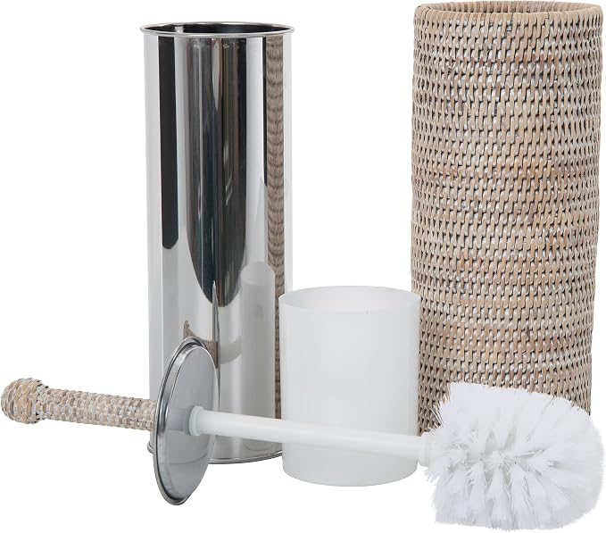 KOUBOO Rattan Toilet Brush Holder Set with Lid Bathroom Decor White Wash | Handwoven Craftsmanship, Removable Inner Cup, Replaceable Brush Head, Odor Control, Easy-Clean Design