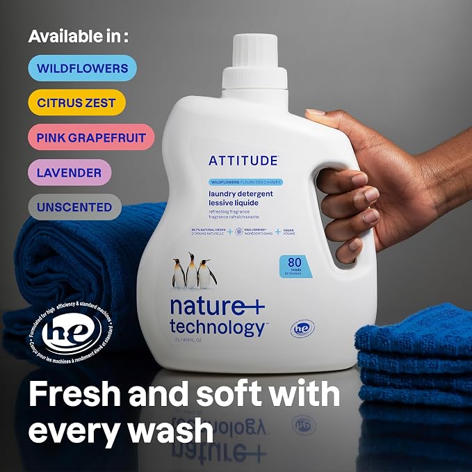 ATTITUDE Liquid Laundry Detergent, EWG Verified, HE Compatible, Plant-Based & Vegan, Natural Laundry Soap, Unscented, 80 Loads, 67.6 Fl Oz