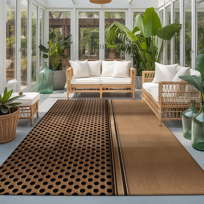 Large Area Rug 4'x6', Brown Metal Hole Washable Rectangular Area Rugs for Living Room Bedroom Office, Modern Copper Net Eye Hole Pattern Non Slip Kitchen Rug Mats Indoor Floor Accent Throw Carpet