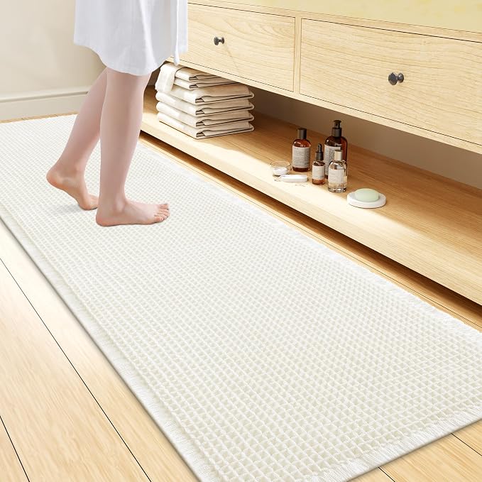 Smiry Waffle Bath Mat 72x24, Extra Soft Absorbent Bathroom Rugs, Non Slip Machine Washable Quick Dry Bath Rugs for Bathroom Floor, Tub, Shower, Home Decor Accessories, Cream