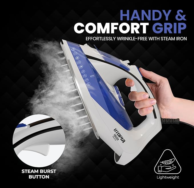 Utopia Home Steam Clothes Iron - 1800W (White Blue) Non-Stick Soleplate | Nonstick Soleplate With Auto-Off Safety Feature - Adjustable Thermostat Control, Variable Steam Control, Self-Clean, 8ft Cord