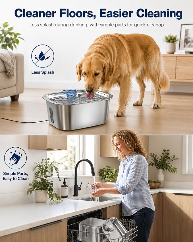 PETNF 3-Gallon Stainless Steel Dog Water Fountain for Large Dogs, Dog Water Bowl Dispenser with 4 Filters, Visible Water Window, Quiet Pump & LED Low-Water Indicator