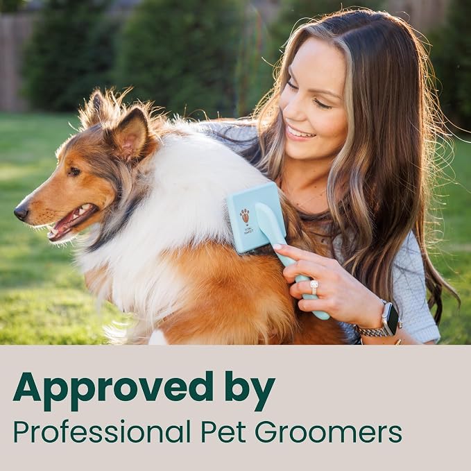 Pet Slicker Brush With Soft Massage Grooming Stainless Steel Pins - For Dematting, Shedding Fur, and Undercoat - Ideal Gift for Professional Pet Groomers - Long Slicker Brush (Blue, Curved Small)