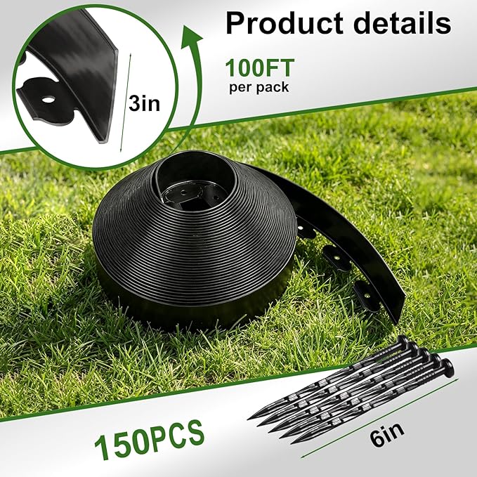 3 Inch x 100FT Garden Edging Border, Landscaping with 150pcs Spikes | landscape edging,garden edging,garden edging border,flower bed edging borders,lawn edging, Yard, Paver, Playground, Pathway