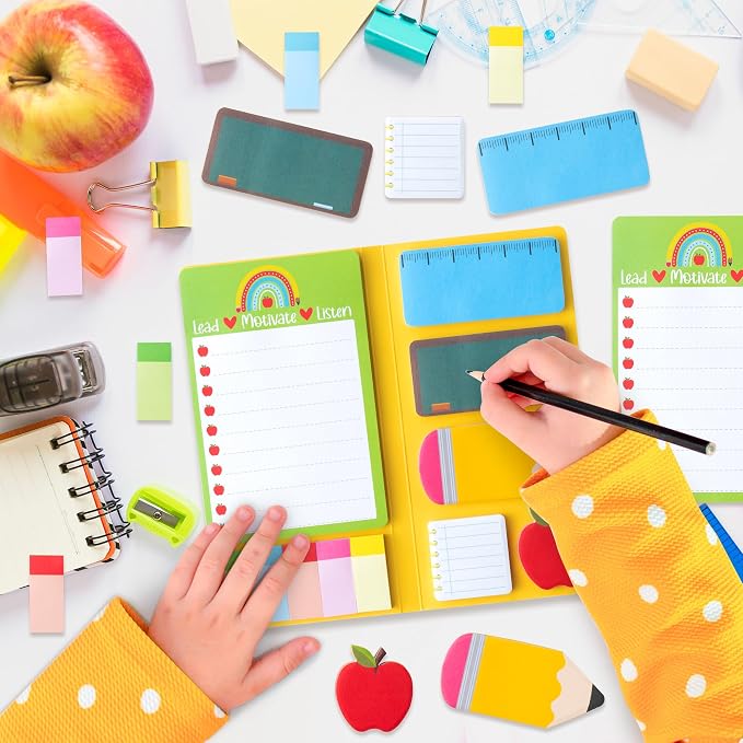 Xqumoi 2 Pack Teacher Themed Sticky Notes Set - Blackboard Pencil Apple Shape Self-Stick Note Pads Teacher Appreciation Gift Writing Memo Pads Page Marker School Office Supplies, 550 Sheets (Yellow)